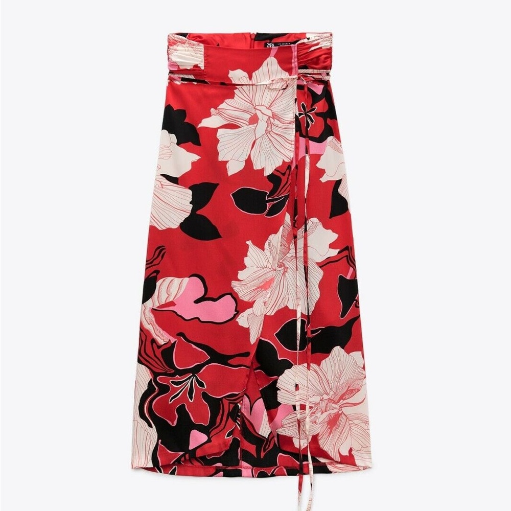 Zara Floral Print Red Midi Skirt